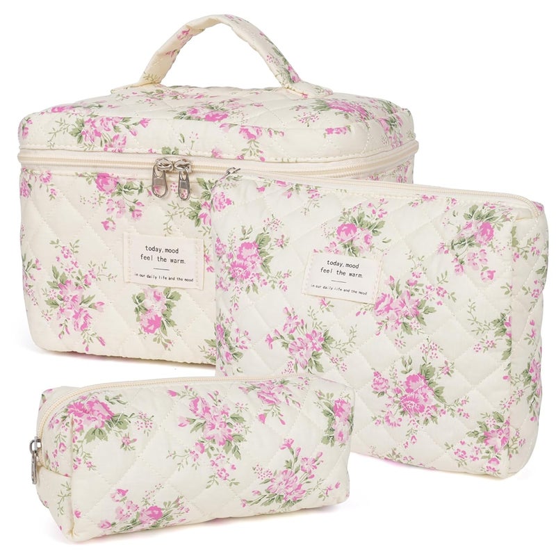 honitty Makeup Bag,Quilted Cosmetic Bags,Large Floral Make Up Organize bag,Makeup Bag Set for Women,Flower Travel Toiletry Bag - Image 1